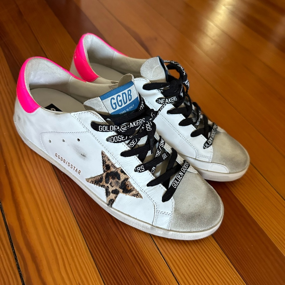 Golden Goose Women's Sneakers - White and Pink with Leopard Accent